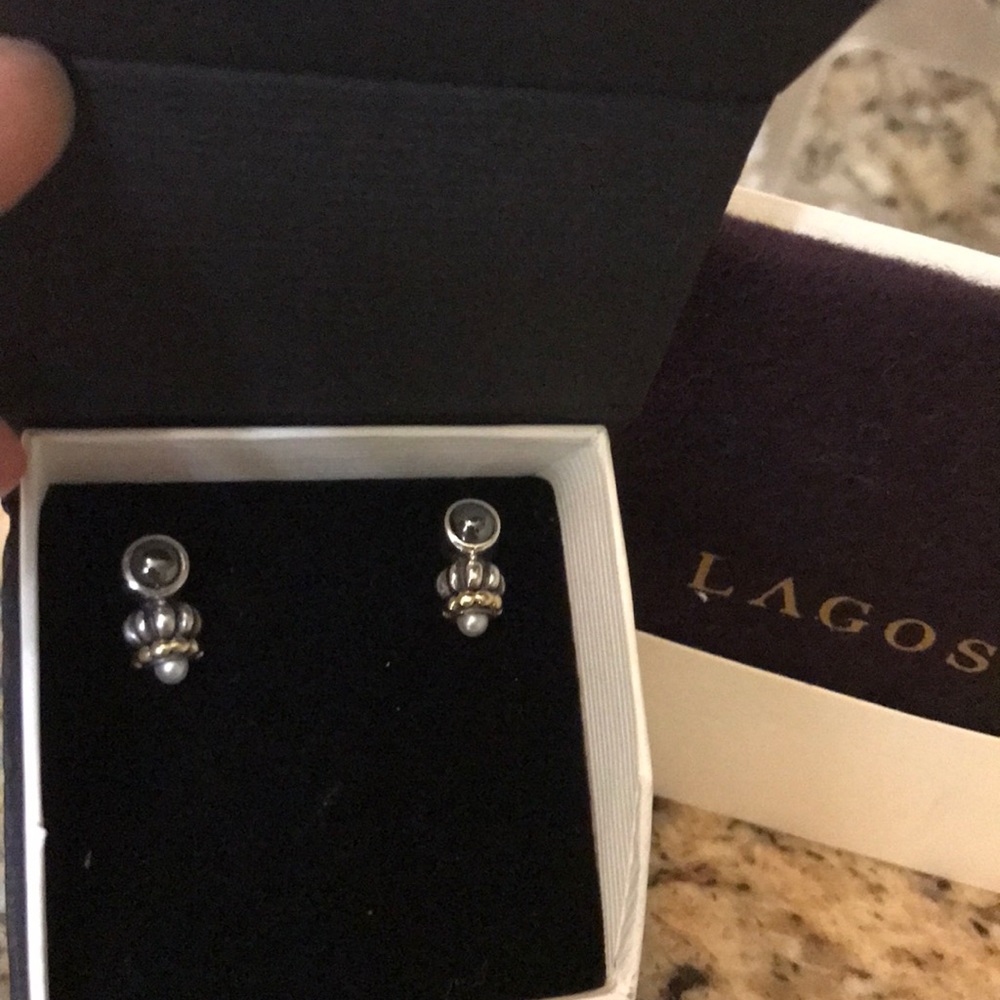 LAGOS onyx and pearl stud earrings.